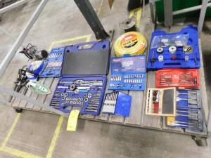 LOT: Rolling Cart with Contents of Drill Bits, Tap & Die Kits, Socket Sets, Pullers, Irons, Vacuum Pump