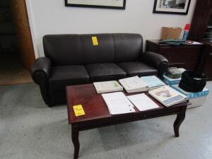 LOT: 3-Seat Leather Couch, (7) Leather Chairs, (1) Coffee Table