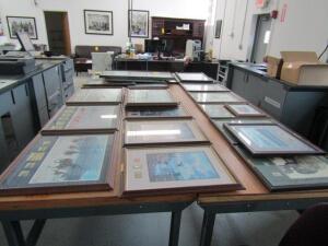 LOT: Approx. (30) Framed Pictures - Old Chicago, Norman Rockwell, etc., Pictures on Walls in Office Area, Includes Framed Stamp and Coin Collections 