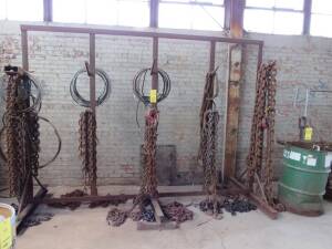 LOT: Assorted Chain with Chain Rack, (1) Chain Repair Rack, and Chain in (1) Barrel