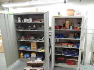 LOT: (3) Storage Cabinets W/ Misc. Tools, Tap and Dies Sets, Milwaukee Chargers, Levels, Lubricants, Floor Tape