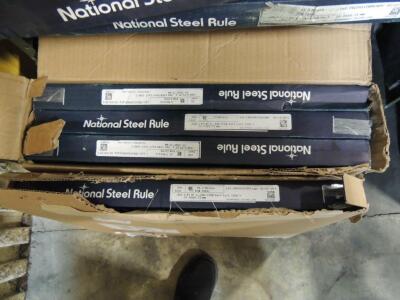 National Steel Perforating Rule Rolls, (3) .918 in. x .040 in. x 300 ft. and (1) .937 in. x .040 in. x 300 ft. (12) Boxes 20 in. Precut