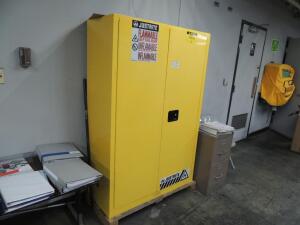LOT: Justrite Fireproof Cabinet, 45 Gal, W/ Isopropyl Alcohol, Power Clean Wm and Premium Wm Wash