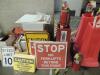 LOT: Safety Equipment, Defibtech Ddu-100 Defibulator, Trama Kit, (10) Eyewash Stations, First Aid Kits, Ear Plugs, Warning Signs, (4) Fire Extinguisher Stands, Exit Lights, Vinyl and Nitril Gloves, Back Support Belts, Aprons, Various Floor and Caution Tap - 3