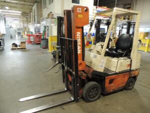 Nissan LP Forklift Model CPH01A15V, 2550 lb.Cap, 170in. Lift, 3 Stage Mast, Side Shift, S/N CPH01-921172 , 7,107 Hours Indicated, 4in.x 42in. Forks