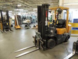 TCM LP Forklift Model FCG 25, 3800 lb.Cap, 189 in. Lift, 3 Stage Mast, S/N A12W02916, 6,618 Hours Indicated, W/ Fork Bar Rotator W/ 4in.x 41in. Forks