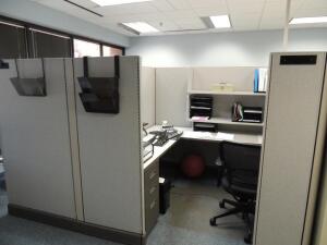 LOT: (4) Person Cubicle, Chairs, (6) File Cabinets, L Desk