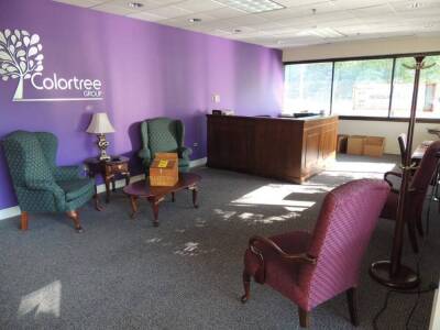 LOT: Reception Desk, (4) Upholstered Chairs, Coffee Table, (2 ) Work Station Tables and Chair, (4) End Tables, Lamps, Conference Table 6 ft. and (7) Chairs,