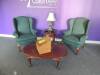LOT: Reception Desk, (4) Upholstered Chairs, Coffee Table, (2 ) Work Station Tables and Chair, (4) End Tables, Lamps, Conference Table 6 ft. and (7) Chairs, - 5