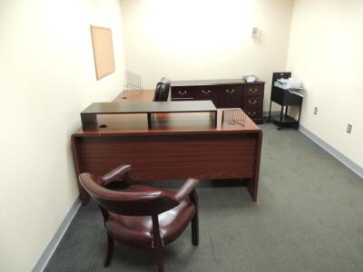 LOT: L Desk, (3) Office Desks, Desk Top Storage Cabinets, Open Book Cases, End Table, File Cabinets, Office Chairs