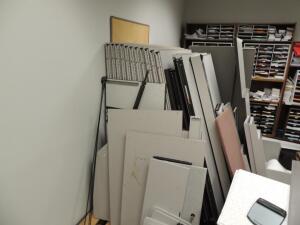 LOT: Cubicle Panels, Office Desk, Work Tables, Steel Shelving Units, Wooden Storage Bins, Misc. Carts