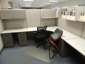 LOT: 9 Person Cubicle, (17) File Cabinets, Office Chairs, (2) Open Book Cases, (2) Lateral File Cabinets